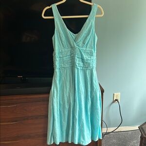 Blue/Green Ruched V-Neck Midi Sundress From a Boutique